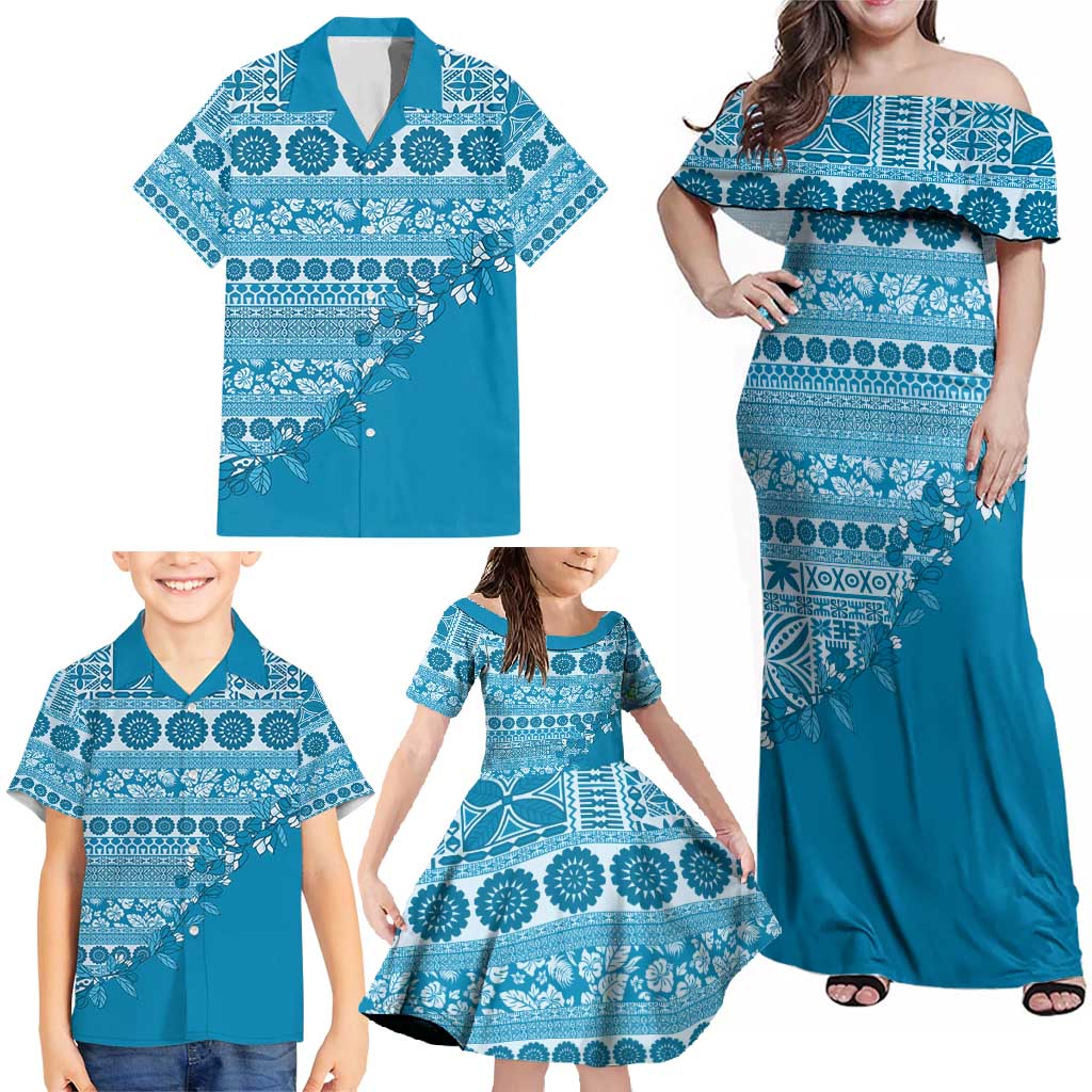 Fiji Marau na Kerisimasi Family Matching Off Shoulder Maxi Dress and Hawaiian Shirt Aqua Tagimoucia Tapa Masi Tribal - Polynesian Pride