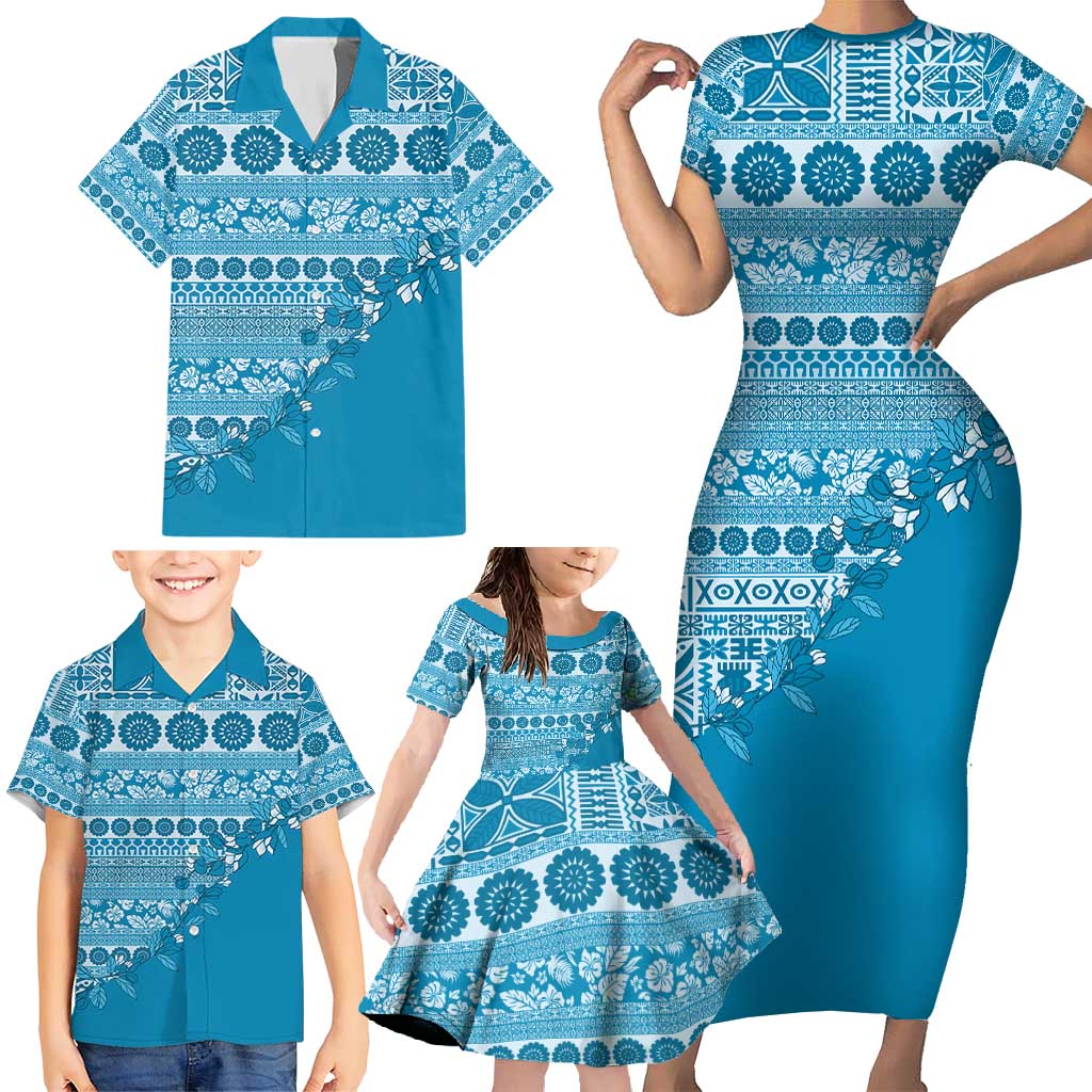 Fiji Marau na Kerisimasi Family Matching Short Sleeve Bodycon Dress and Hawaiian Shirt Aqua Tagimoucia Tapa Masi Tribal - Polynesian Pride