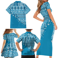 Fiji Marau na Kerisimasi Family Matching Short Sleeve Bodycon Dress and Hawaiian Shirt Aqua Tagimoucia Tapa Masi Tribal - Polynesian Pride