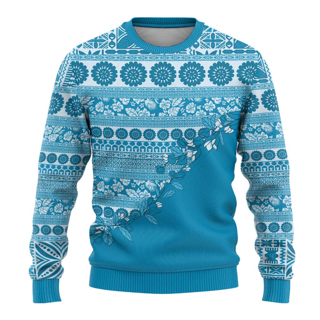 Fiji Marau na Kerisimasi Ugly Christmas Sweater Aqua Tagimoucia Tapa Masi Tribal - Polynesian Pride