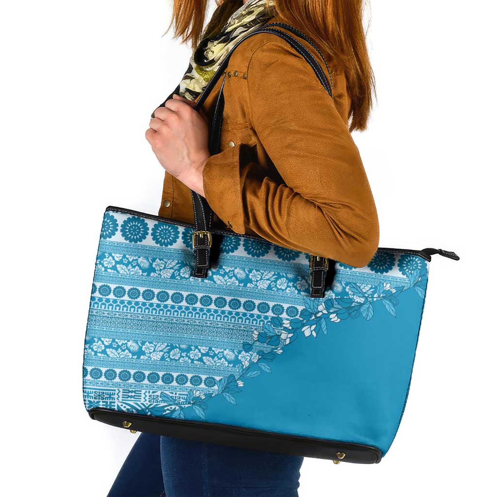 Fiji Marau na Kerisimasi Leather Tote Bag Aqua Tagimoucia Tapa Masi Tribal LT9 Aqua - Polynesian Pride