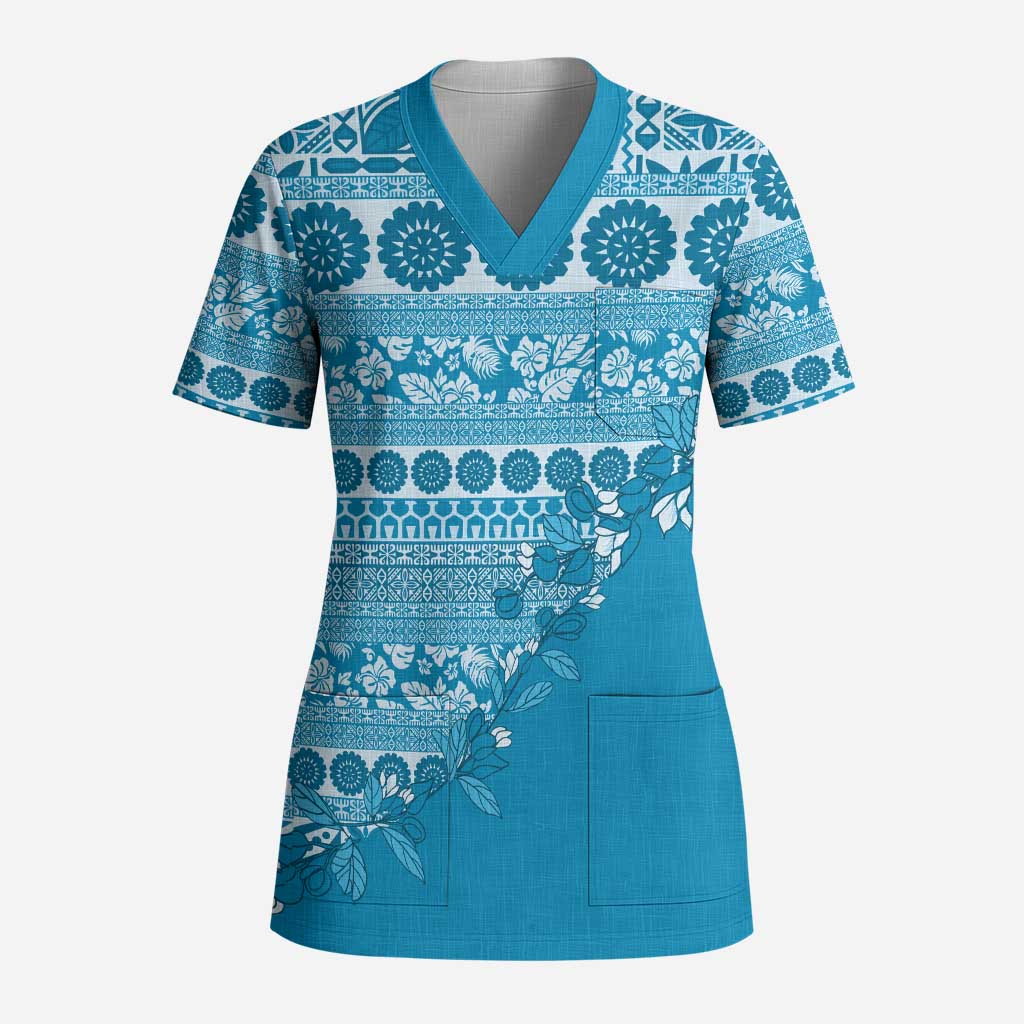 Fiji Marau na Kerisimasi Scrub Top Aqua Tagimoucia Tapa Masi Tribal LT9 Adult Aqua - Polynesian Pride