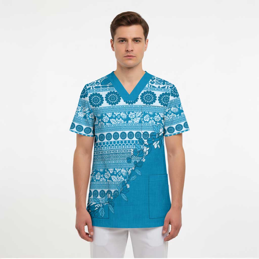 Fiji Marau na Kerisimasi Scrub Top Aqua Tagimoucia Tapa Masi Tribal LT9 - Polynesian Pride