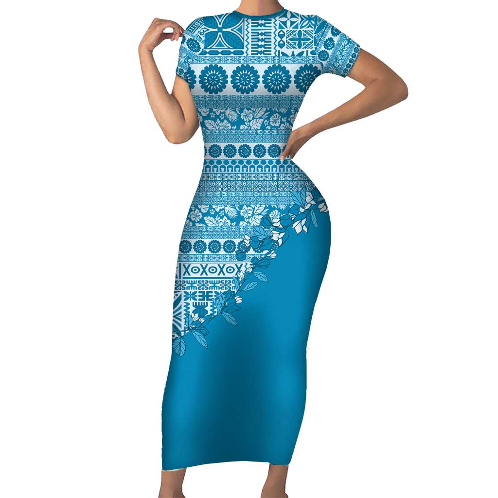 Fiji Marau na Kerisimasi Short Sleeve Bodycon Dress Aqua Tagimoucia Tapa Masi Tribal - Polynesian Pride