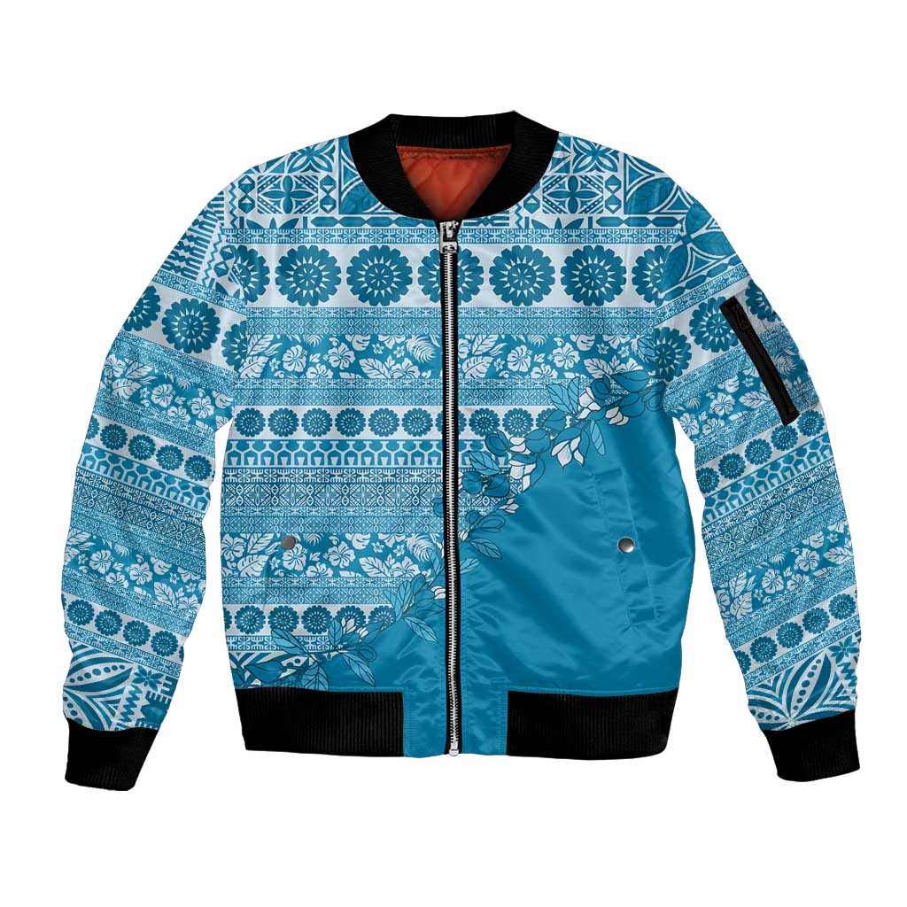 Fiji Marau na Kerisimasi Sleeve Zip Bomber Jacket Aqua Tagimoucia Tapa Masi Tribal LT9 Unisex Aqua - Polynesian Pride