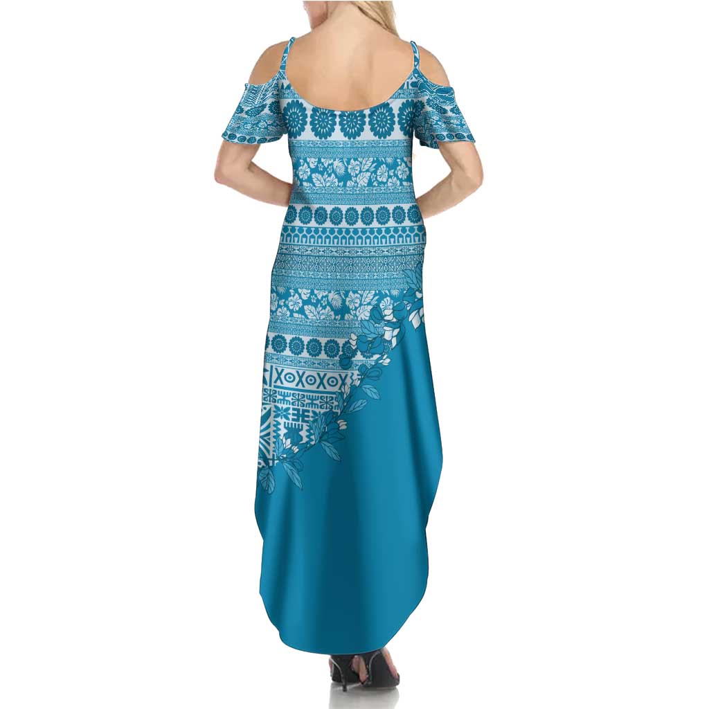 Fiji Marau na Kerisimasi Summer Maxi Dress Aqua Tagimoucia Tapa Masi Tribal - Polynesian Pride