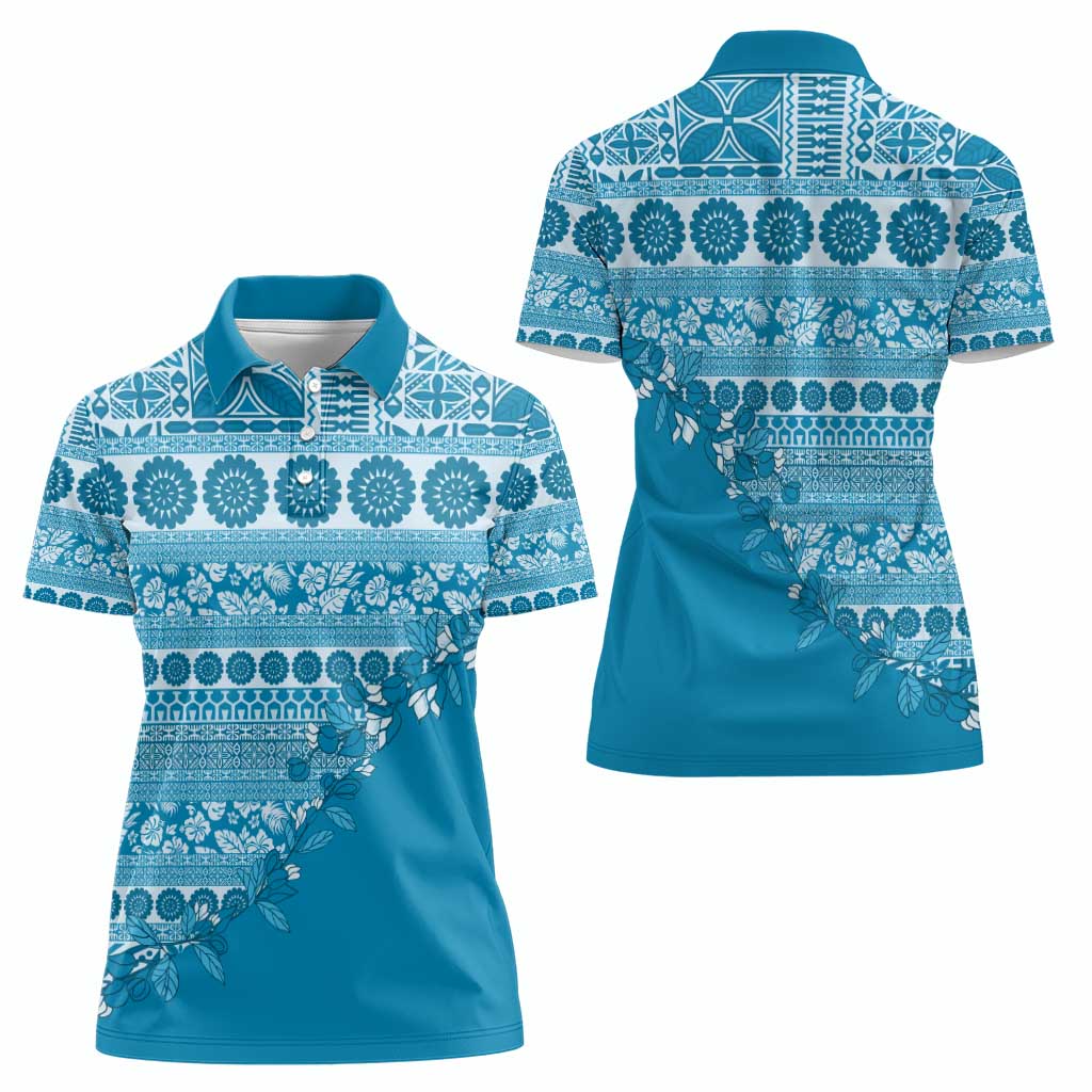 Fiji Marau na Kerisimasi Women Polo Shirt Aqua Tagimoucia Tapa Masi Tribal - Polynesian Pride
