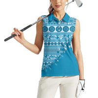 Fiji Marau na Kerisimasi Women Sleeveless Polo Shirt Aqua Tagimoucia Tapa Masi Tribal - Polynesian Pride