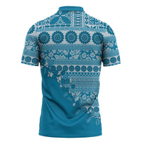 Fiji Marau na Kerisimasi Zipper Polo Shirt Aqua Tagimoucia Tapa Masi Tribal - Polynesian Pride