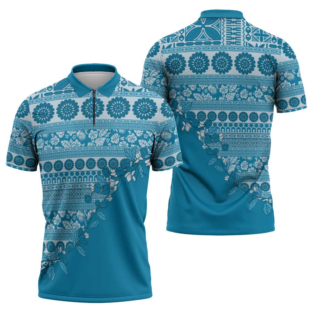 Fiji Marau na Kerisimasi Zipper Polo Shirt Aqua Tagimoucia Tapa Masi Tribal - Polynesian Pride