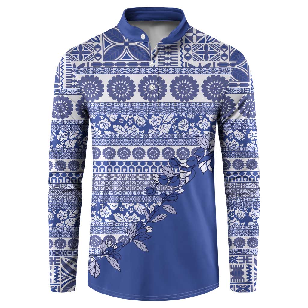 Fiji Marau na Kerisimasi Button Sweatshirt Blue Tagimoucia Tapa Masi Tribal LT9 Blue - Polynesian Pride