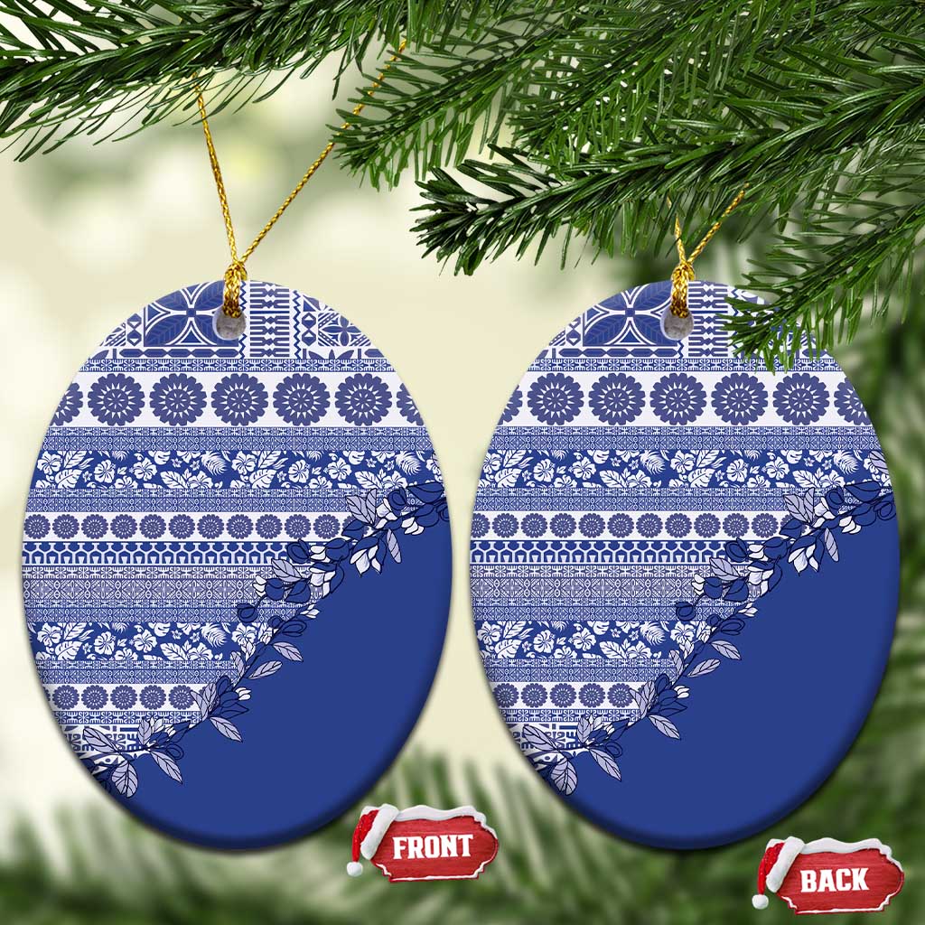 Fiji Marau na Kerisimasi Ceramic Ornament Blue Tagimoucia Tapa Masi Tribal LT9 Oval Blue - Polynesian Pride