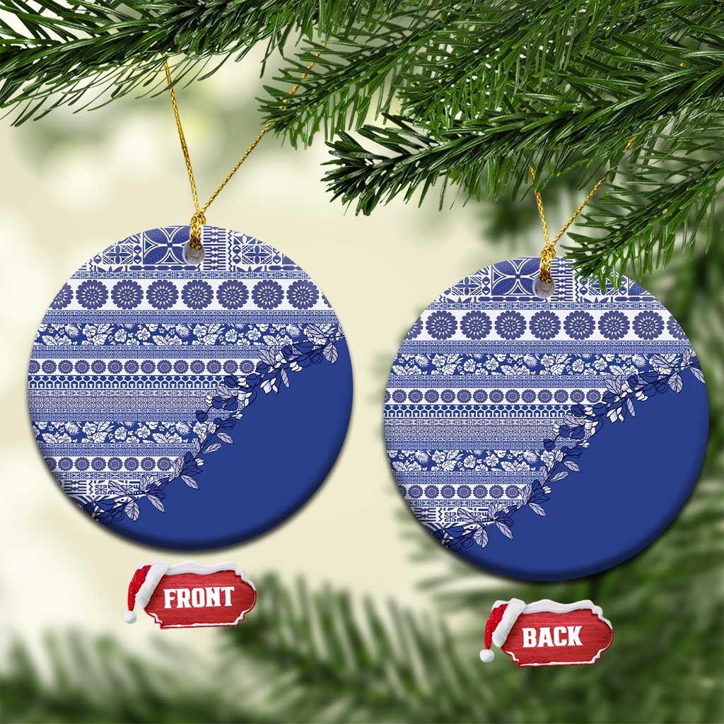 Fiji Marau na Kerisimasi Ceramic Ornament Blue Tagimoucia Tapa Masi Tribal LT9 Circle Blue - Polynesian Pride