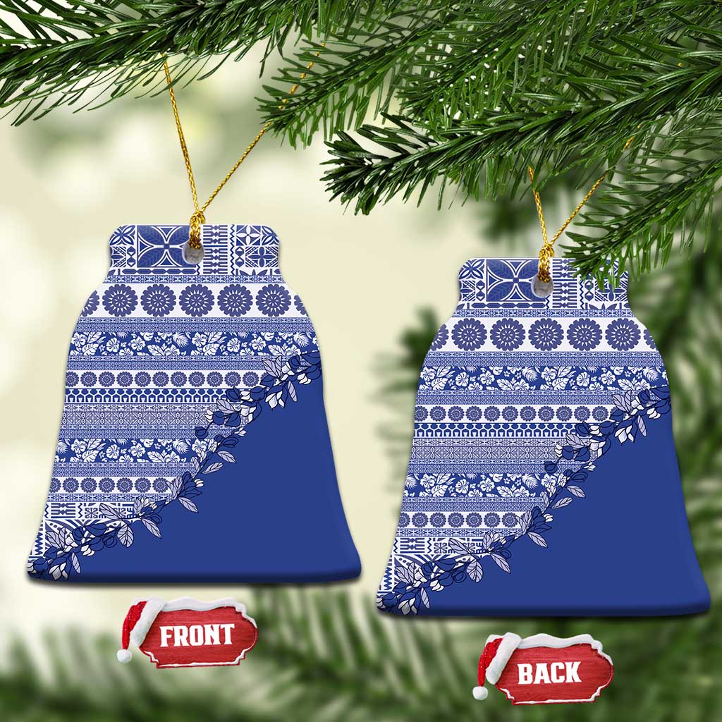 Fiji Marau na Kerisimasi Ceramic Ornament Blue Tagimoucia Tapa Masi Tribal LT9 Bell Flake Blue - Polynesian Pride