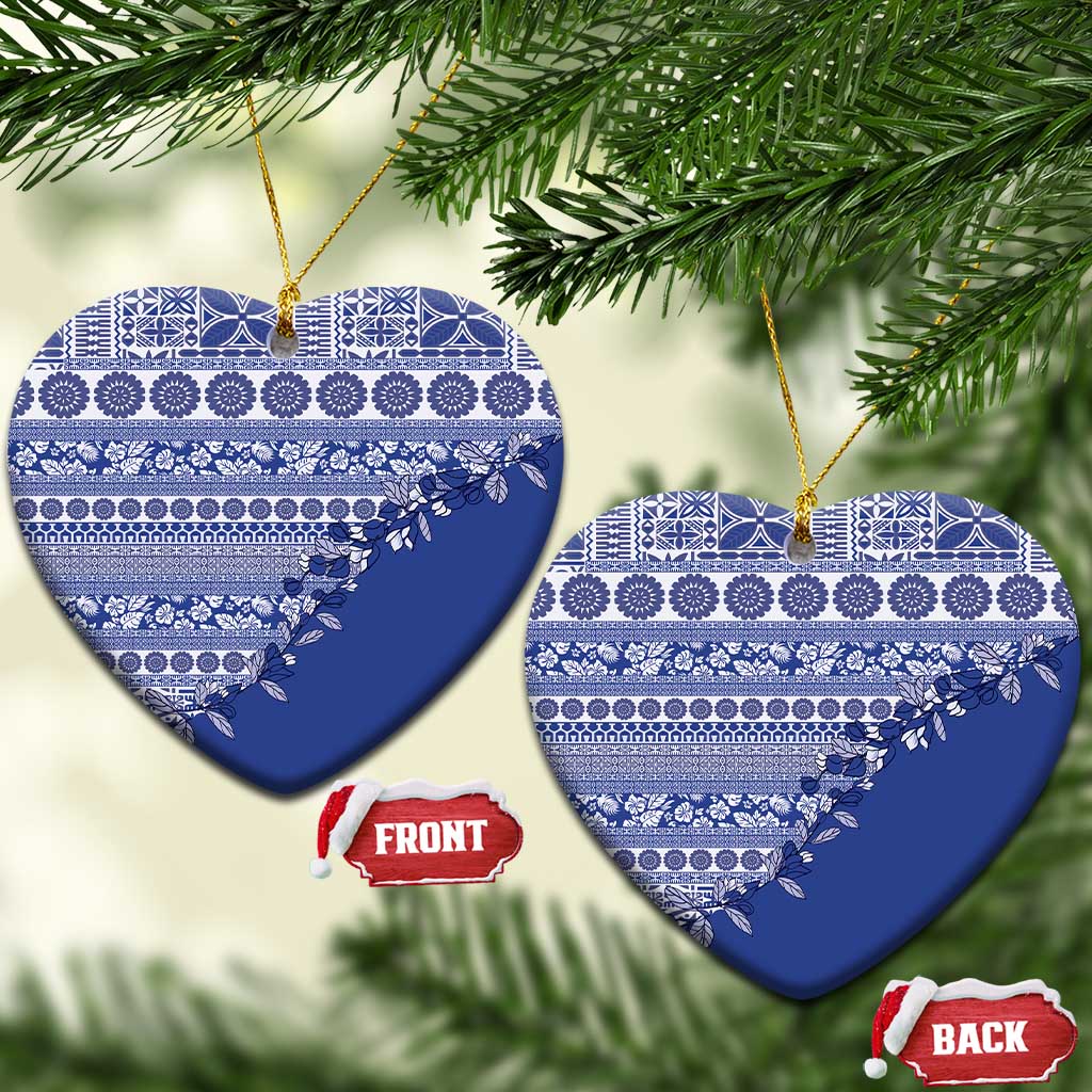 Fiji Marau na Kerisimasi Ceramic Ornament Blue Tagimoucia Tapa Masi Tribal LT9 Heart Blue - Polynesian Pride