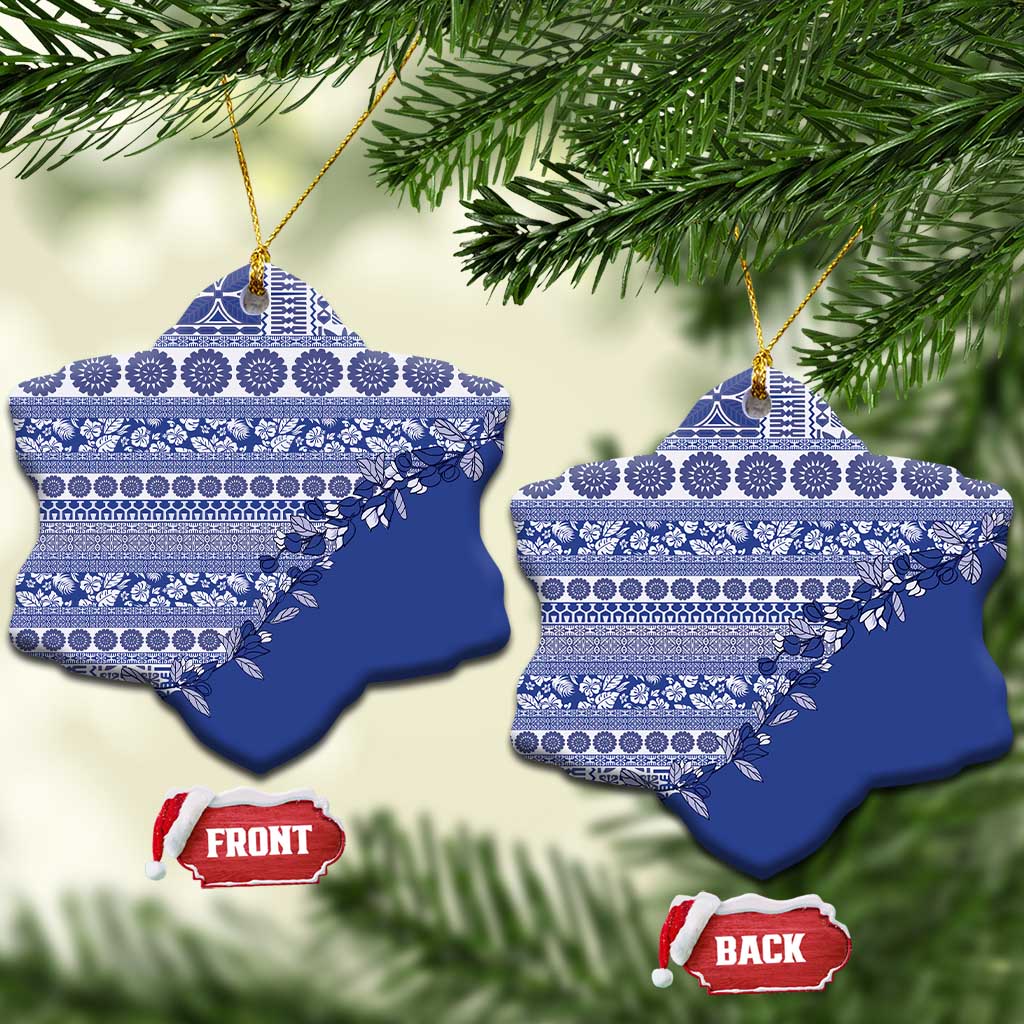 Fiji Marau na Kerisimasi Ceramic Ornament Blue Tagimoucia Tapa Masi Tribal LT9 Snow Flake Blue - Polynesian Pride