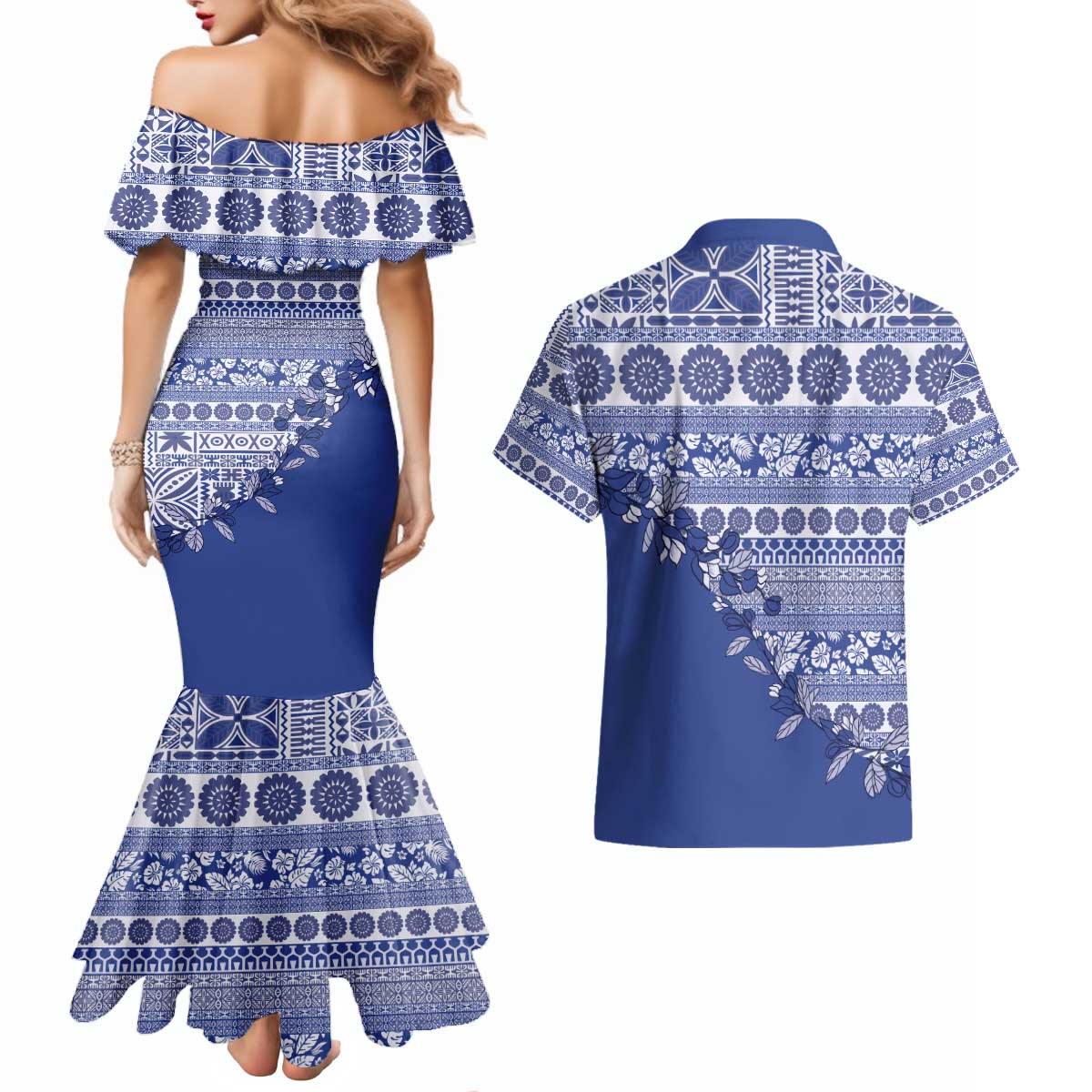 Fiji Marau na Kerisimasi Couples Matching Mermaid Dress and Hawaiian Shirt Blue Tagimoucia Tapa Masi Tribal - Polynesian Pride