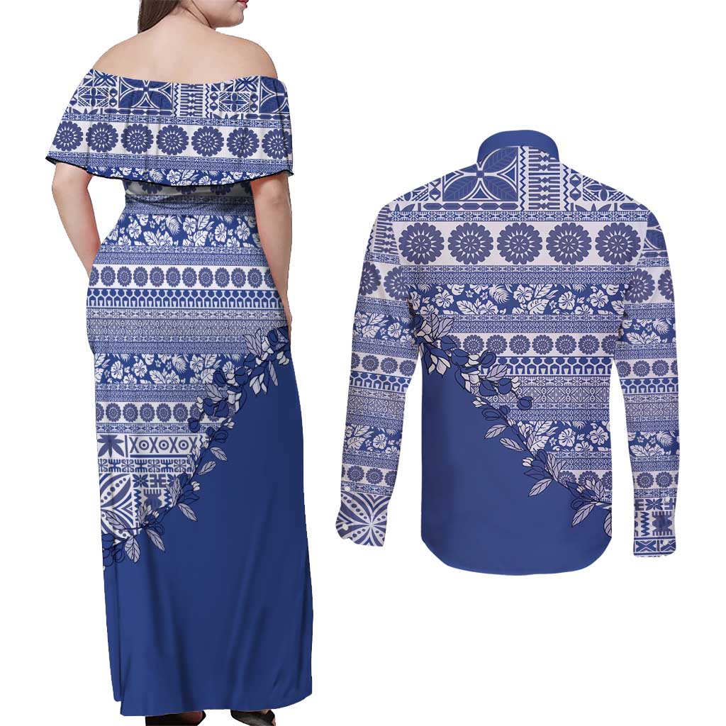 Fiji Marau na Kerisimasi Couples Matching Off Shoulder Maxi Dress and Long Sleeve Button Shirt Blue Tagimoucia Tapa Masi Tribal - Polynesian Pride