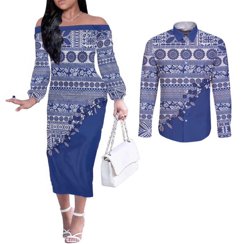 Fiji Marau na Kerisimasi Couples Matching Off The Shoulder Long Sleeve Dress and Long Sleeve Button Shirt Blue Tagimoucia Tapa Masi Tribal - Polynesian Pride