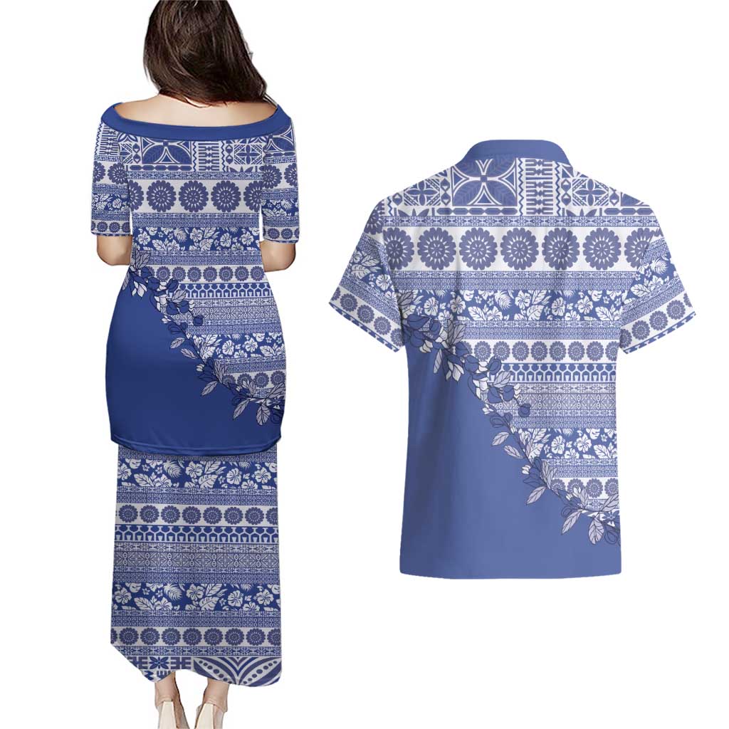 Fiji Marau na Kerisimasi Couples Matching Puletasi and Hawaiian Shirt Blue Tagimoucia Tapa Masi Tribal - Polynesian Pride