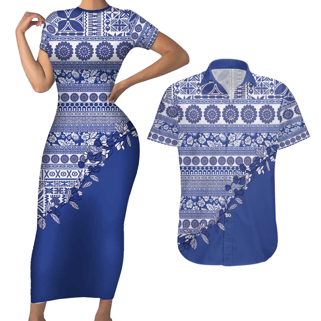 Fiji Marau na Kerisimasi Couples Matching Short Sleeve Bodycon Dress and Hawaiian Shirt Blue Tagimoucia Tapa Masi Tribal - Polynesian Pride