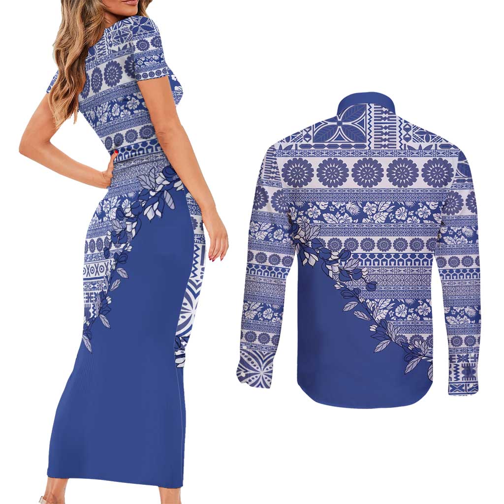 Fiji Marau na Kerisimasi Couples Matching Short Sleeve Bodycon Dress and Long Sleeve Button Shirt Blue Tagimoucia Tapa Masi Tribal - Polynesian Pride