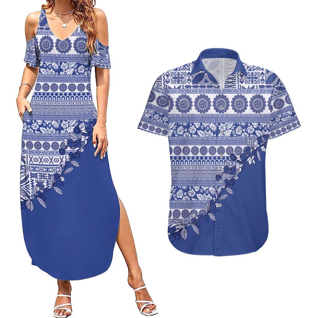Fiji Marau na Kerisimasi Couples Matching Summer Maxi Dress and Hawaiian Shirt Blue Tagimoucia Tapa Masi Tribal - Polynesian Pride