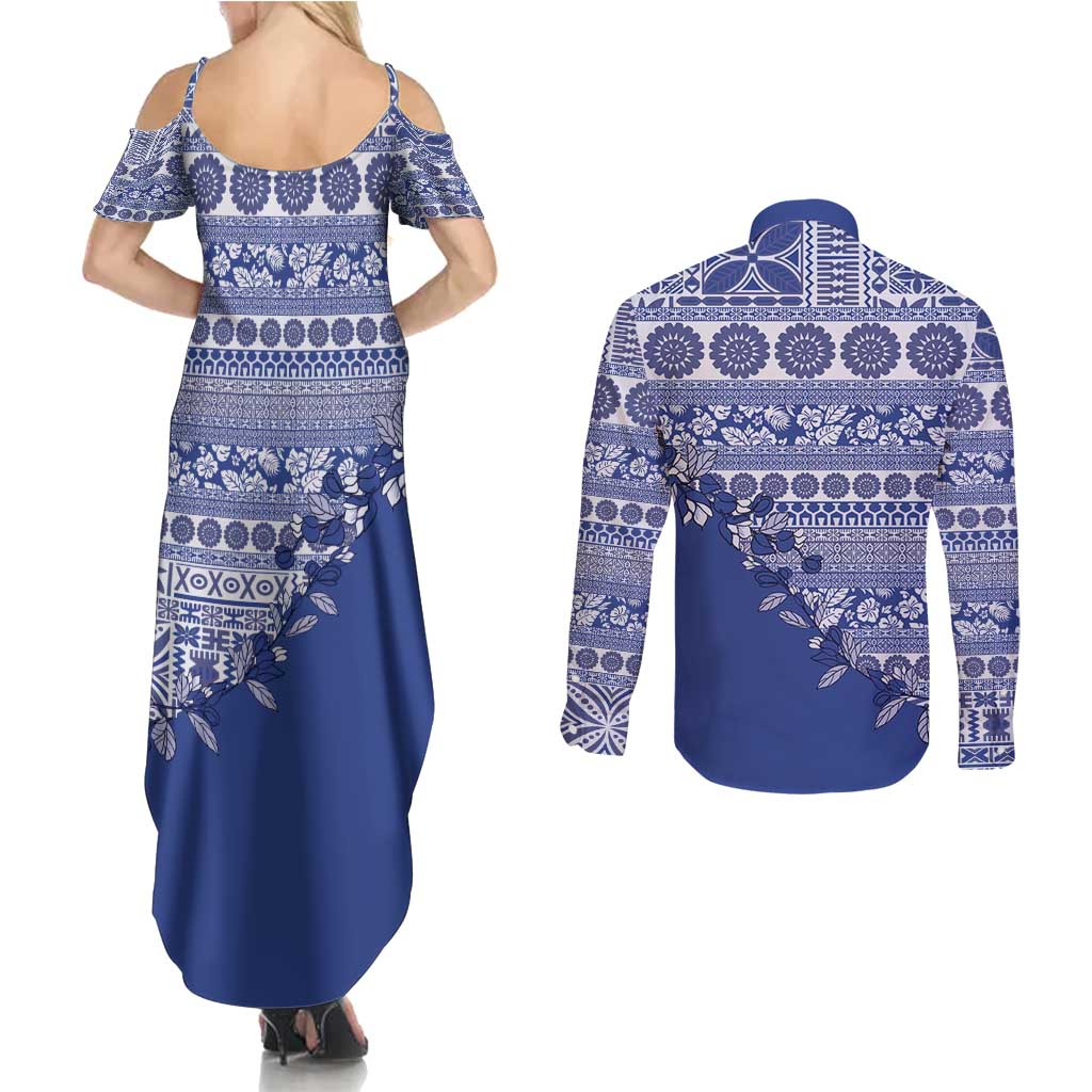 Fiji Marau na Kerisimasi Couples Matching Summer Maxi Dress and Long Sleeve Button Shirt Blue Tagimoucia Tapa Masi Tribal - Polynesian Pride