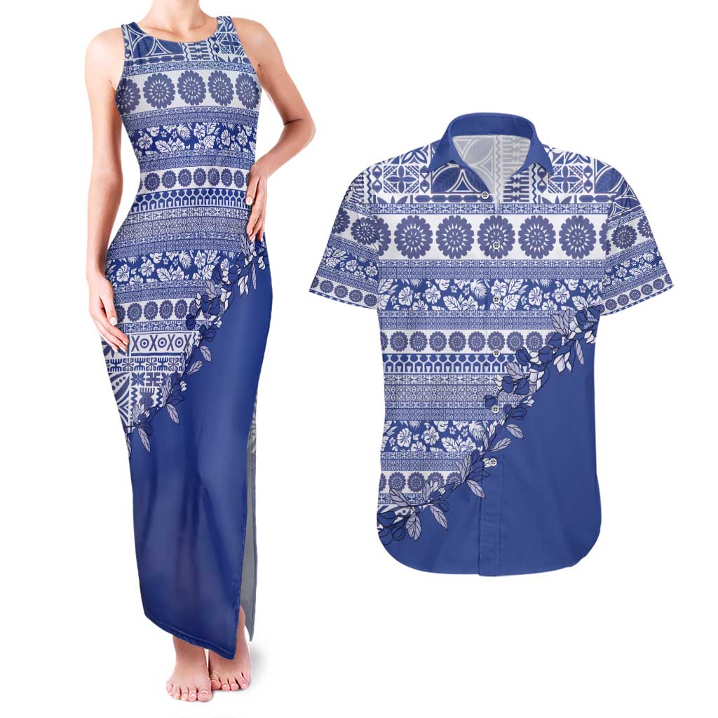 Fiji Marau na Kerisimasi Couples Matching Tank Maxi Dress and Hawaiian Shirt Blue Tagimoucia Tapa Masi Tribal - Polynesian Pride