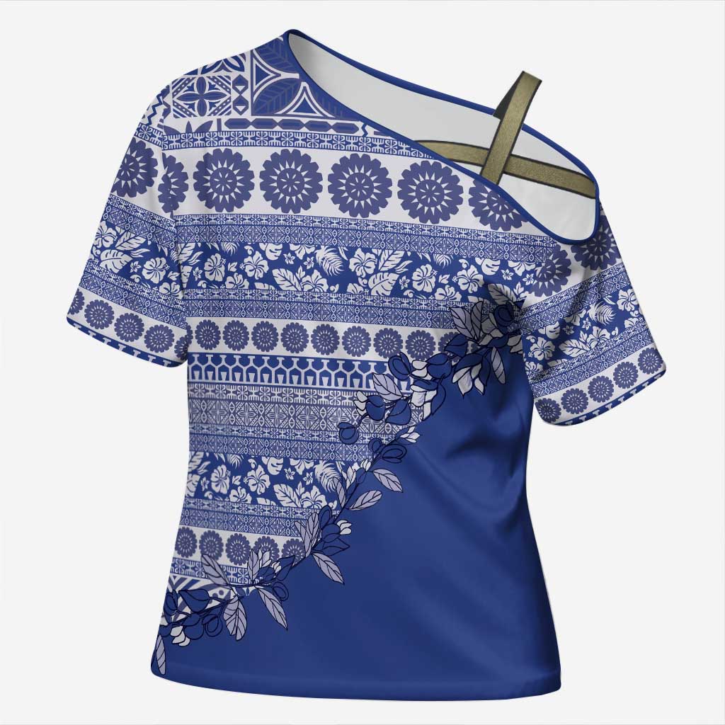 Fiji Marau na Kerisimasi Cross Shoulder Shirt Blue Tagimoucia Tapa Masi Tribal LT9 Female Blue - Polynesian Pride