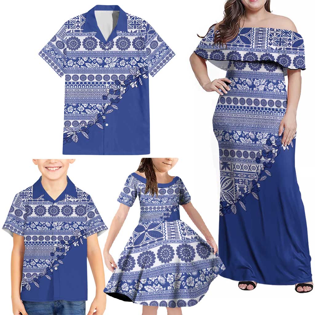 Fiji Marau na Kerisimasi Family Matching Off Shoulder Maxi Dress and Hawaiian Shirt Blue Tagimoucia Tapa Masi Tribal - Polynesian Pride