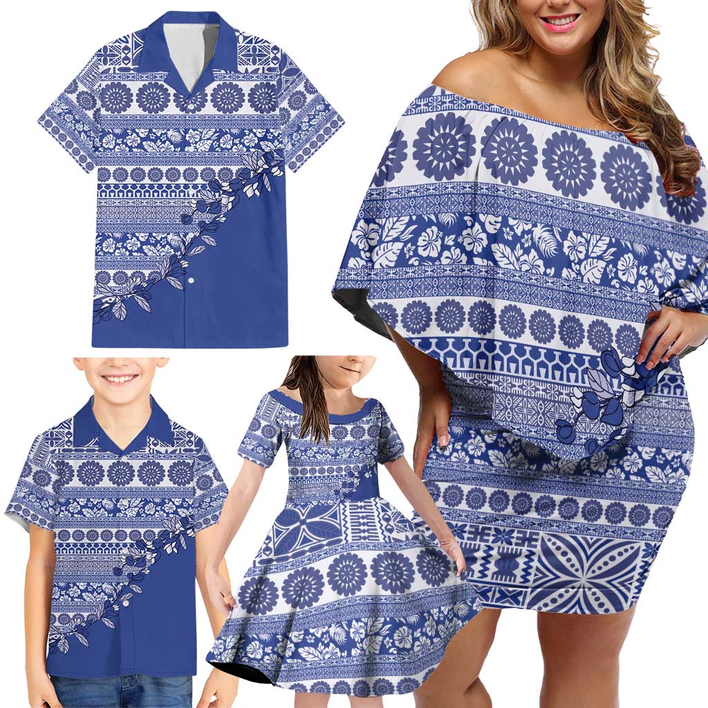 Fiji Marau na Kerisimasi Family Matching Off Shoulder Short Dress and Hawaiian Shirt Blue Tagimoucia Tapa Masi Tribal - Polynesian Pride