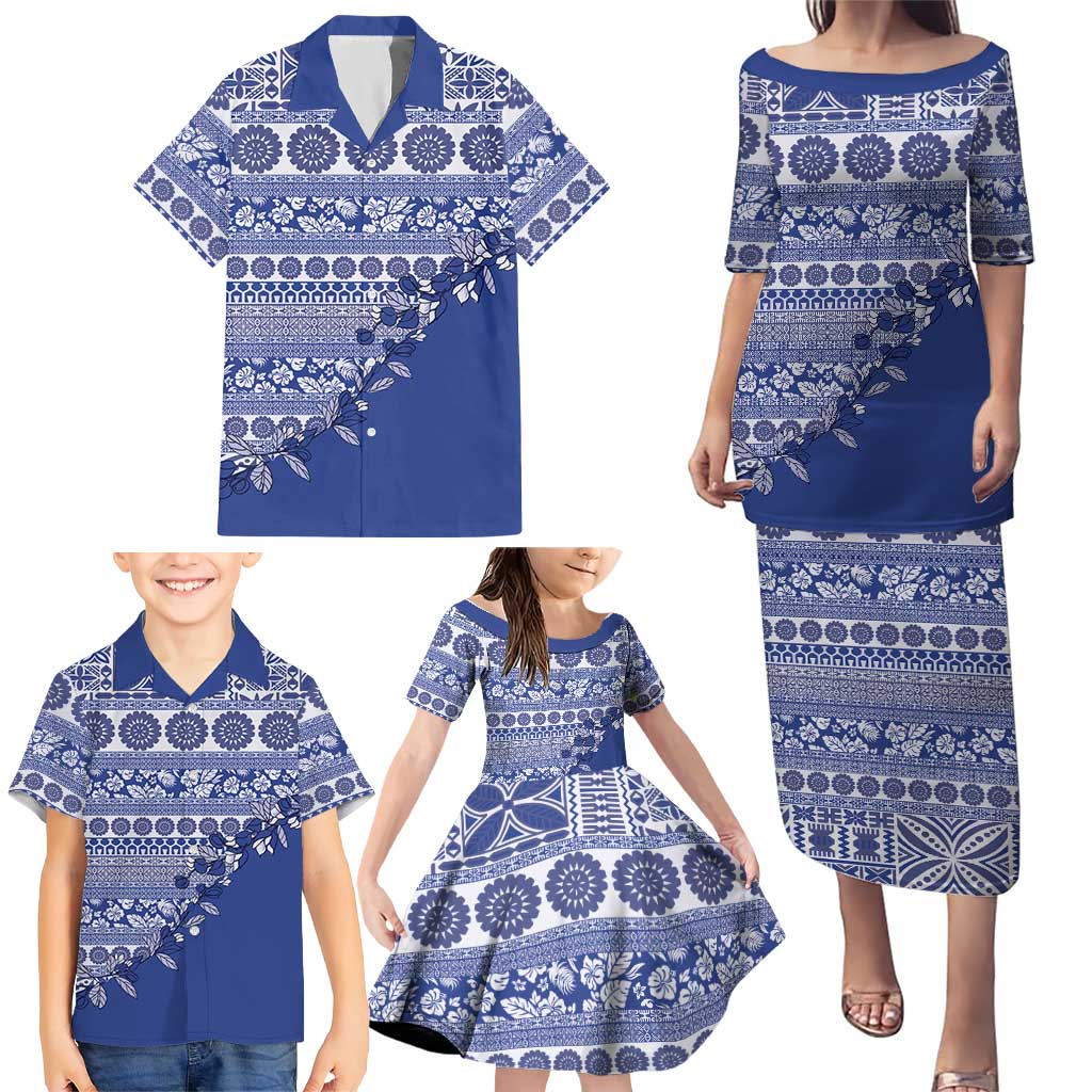 Fiji Marau na Kerisimasi Family Matching Puletasi and Hawaiian Shirt Blue Tagimoucia Tapa Masi Tribal - Polynesian Pride