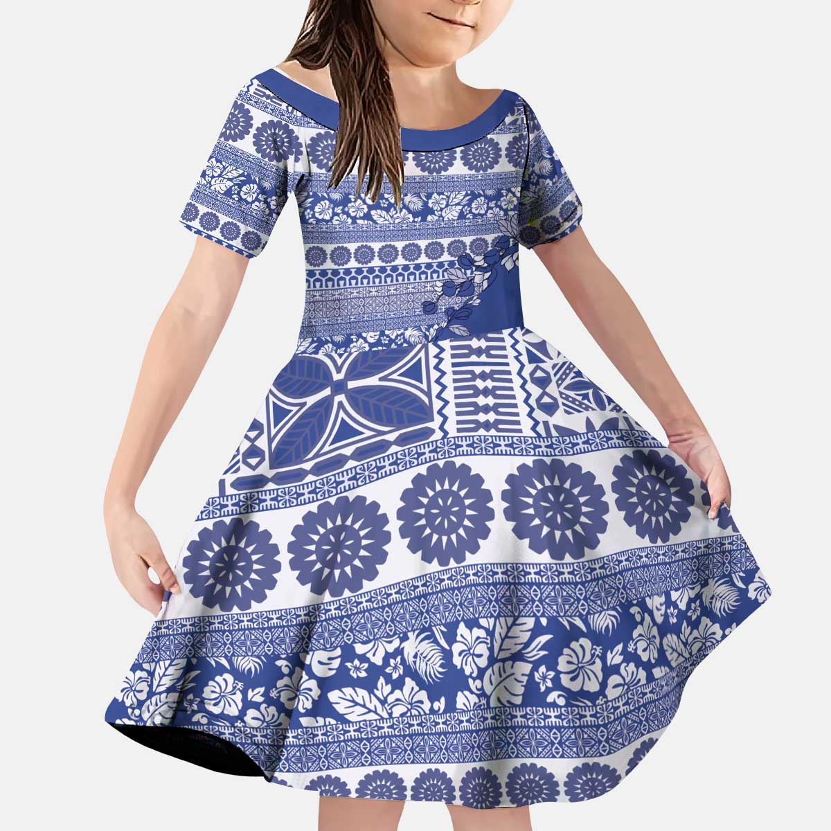 Fiji Marau na Kerisimasi Kid Short Sleeve Dress Blue Tagimoucia Tapa Masi Tribal LT9 KID Blue - Polynesian Pride