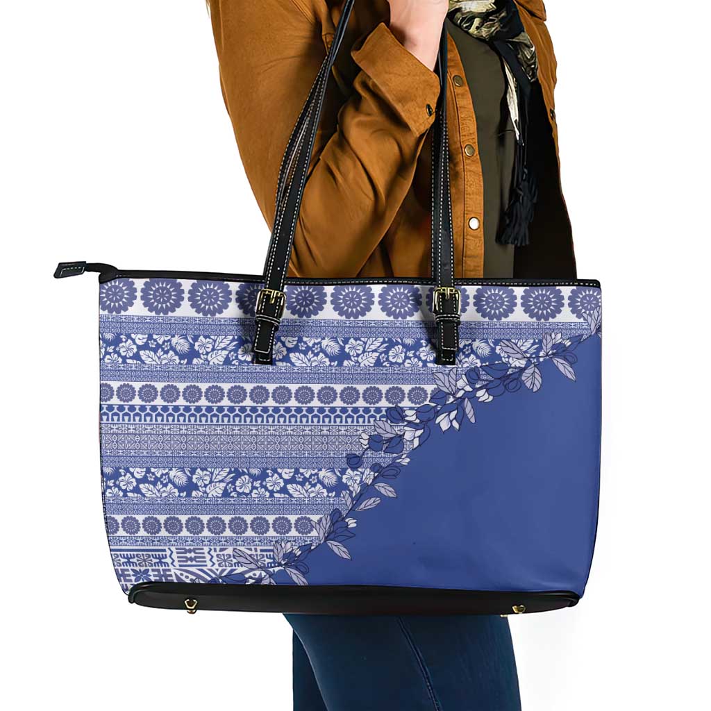 Fiji Marau na Kerisimasi Leather Tote Bag Blue Tagimoucia Tapa Masi Tribal LT9 - Polynesian Pride