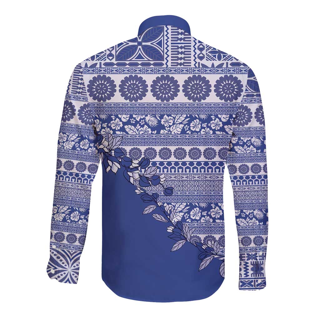 Fiji Marau na Kerisimasi Long Sleeve Button Shirt Blue Tagimoucia Tapa Masi Tribal LT9 - Polynesian Pride