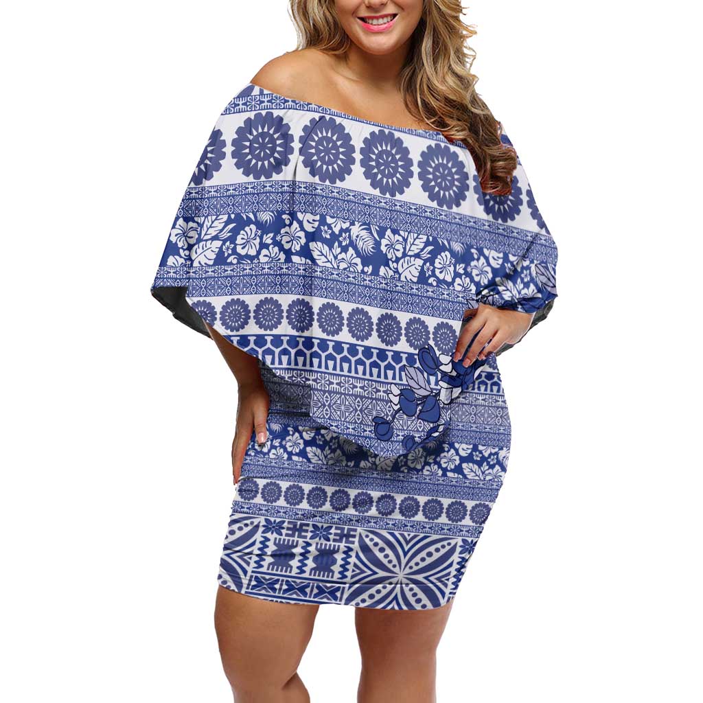Fiji Marau na Kerisimasi Off Shoulder Short Dress Blue Tagimoucia Tapa Masi Tribal - Polynesian Pride