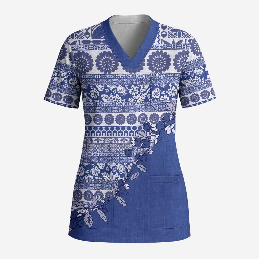 Fiji Marau na Kerisimasi Scrub Top Blue Tagimoucia Tapa Masi Tribal LT9 Adult Blue - Polynesian Pride