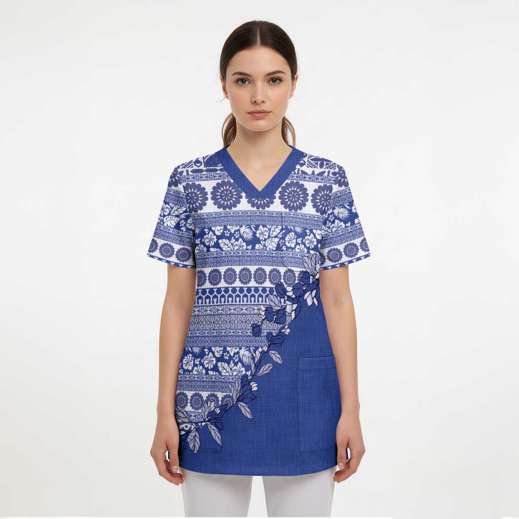 Fiji Marau na Kerisimasi Scrub Top Blue Tagimoucia Tapa Masi Tribal LT9 - Polynesian Pride