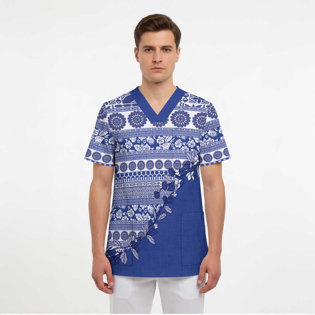 Fiji Marau na Kerisimasi Scrub Top Blue Tagimoucia Tapa Masi Tribal LT9 - Polynesian Pride