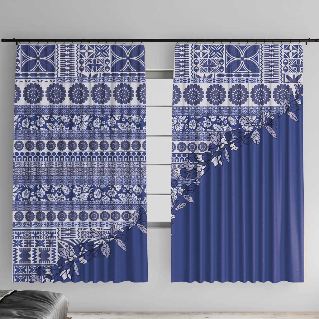 Fiji Marau na Kerisimasi Window Curtain Blue Tagimoucia Tapa Masi Tribal LT9 With Hooks Blue - Polynesian Pride