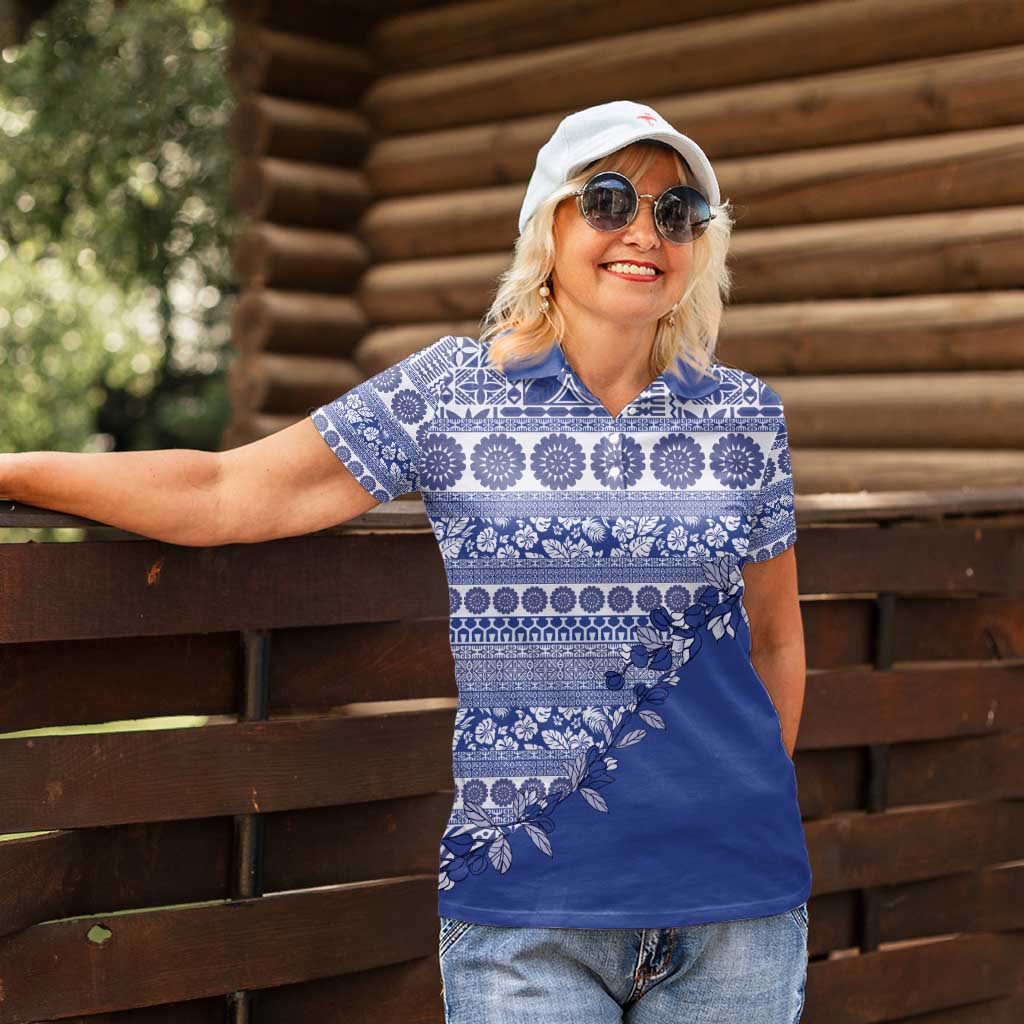 Fiji Marau na Kerisimasi Women Polo Shirt Blue Tagimoucia Tapa Masi Tribal - Polynesian Pride