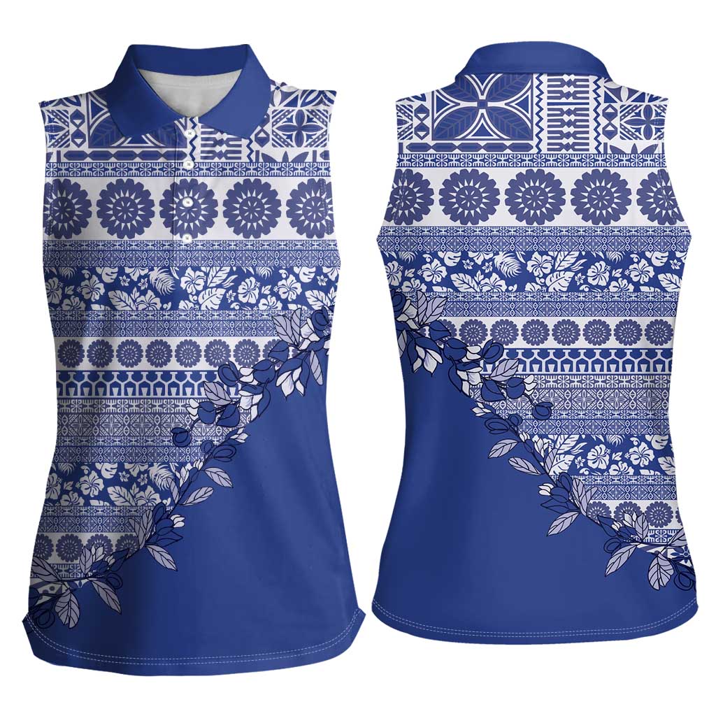 Fiji Marau na Kerisimasi Women Sleeveless Polo Shirt Blue Tagimoucia Tapa Masi Tribal - Polynesian Pride