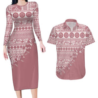 Fiji Marau na Kerisimasi Couples Matching Long Sleeve Bodycon Dress and Hawaiian Shirt Dusty Rose Tagimoucia Tapa Masi Tribal - Polynesian Pride