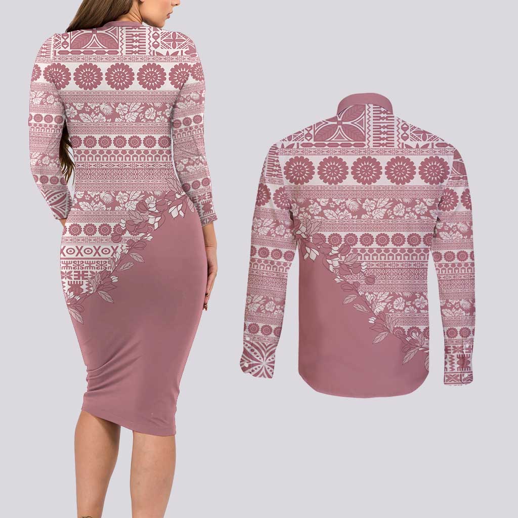 Fiji Marau na Kerisimasi Couples Matching Long Sleeve Bodycon Dress and Long Sleeve Button Shirt Dusty Rose Tagimoucia Tapa Masi Tribal - Polynesian Pride