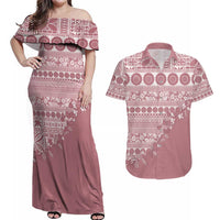 Fiji Marau na Kerisimasi Couples Matching Off Shoulder Maxi Dress and Hawaiian Shirt Dusty Rose Tagimoucia Tapa Masi Tribal - Polynesian Pride