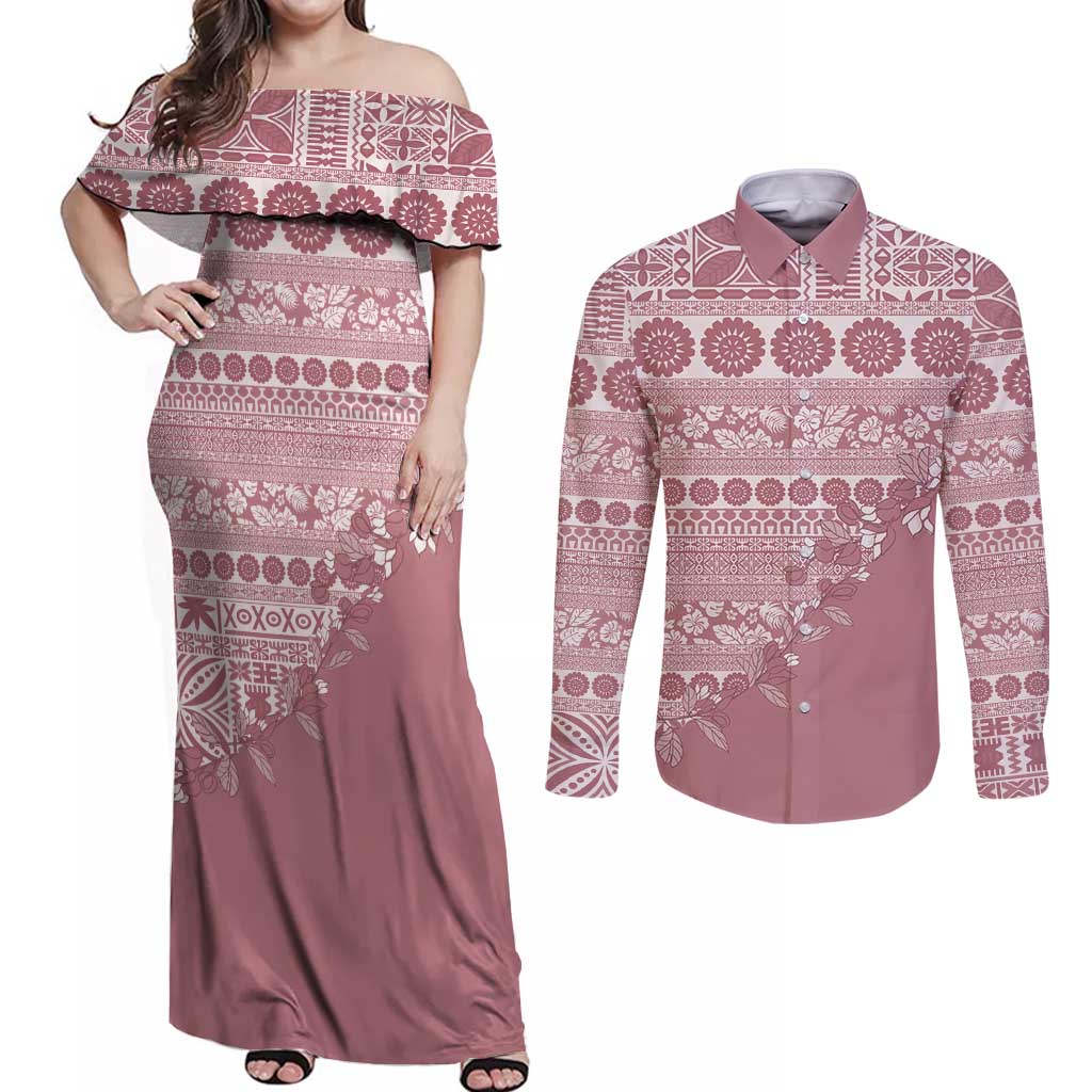 Fiji Marau na Kerisimasi Couples Matching Off Shoulder Maxi Dress and Long Sleeve Button Shirt Dusty Rose Tagimoucia Tapa Masi Tribal - Polynesian Pride
