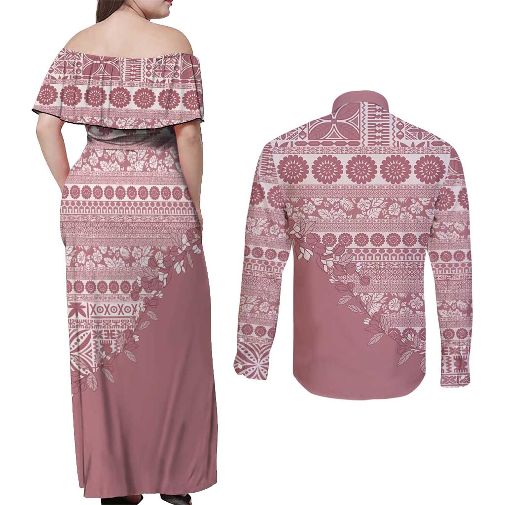 Fiji Marau na Kerisimasi Couples Matching Off Shoulder Maxi Dress and Long Sleeve Button Shirt Dusty Rose Tagimoucia Tapa Masi Tribal - Polynesian Pride