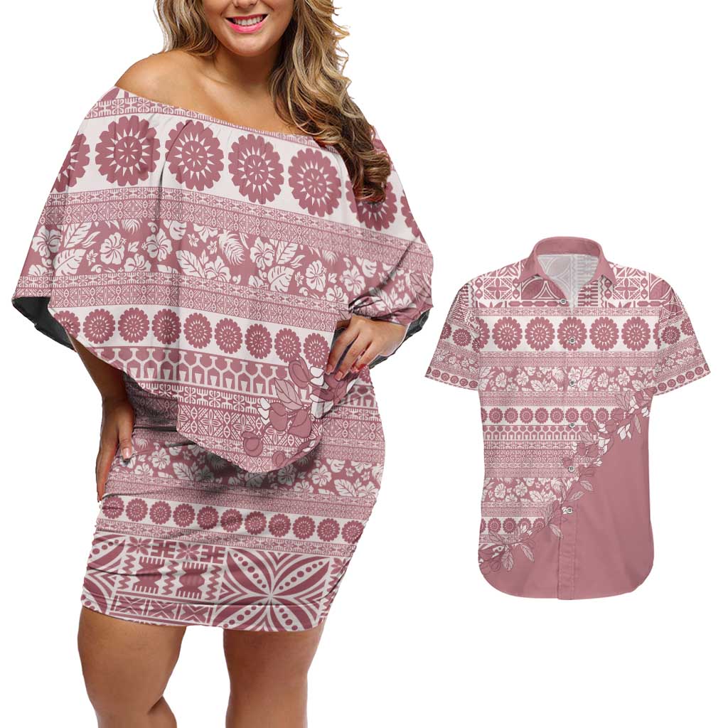 Fiji Marau na Kerisimasi Couples Matching Off Shoulder Short Dress and Hawaiian Shirt Dusty Rose Tagimoucia Tapa Masi Tribal - Polynesian Pride