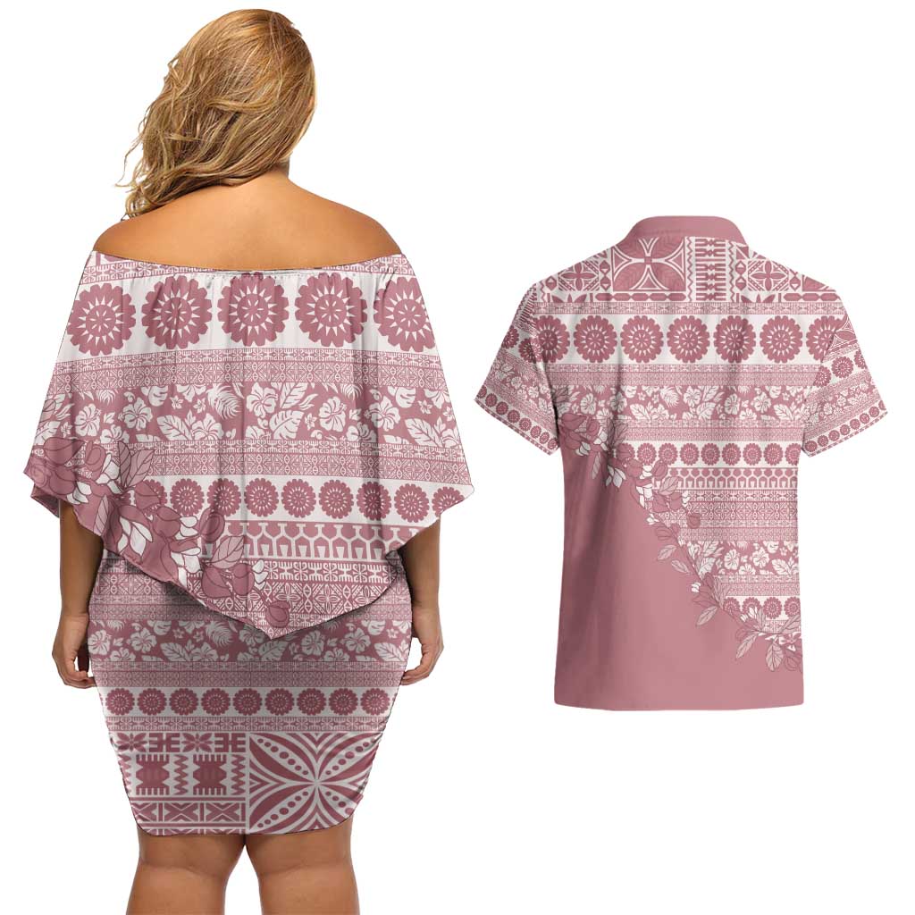 Fiji Marau na Kerisimasi Couples Matching Off Shoulder Short Dress and Hawaiian Shirt Dusty Rose Tagimoucia Tapa Masi Tribal - Polynesian Pride